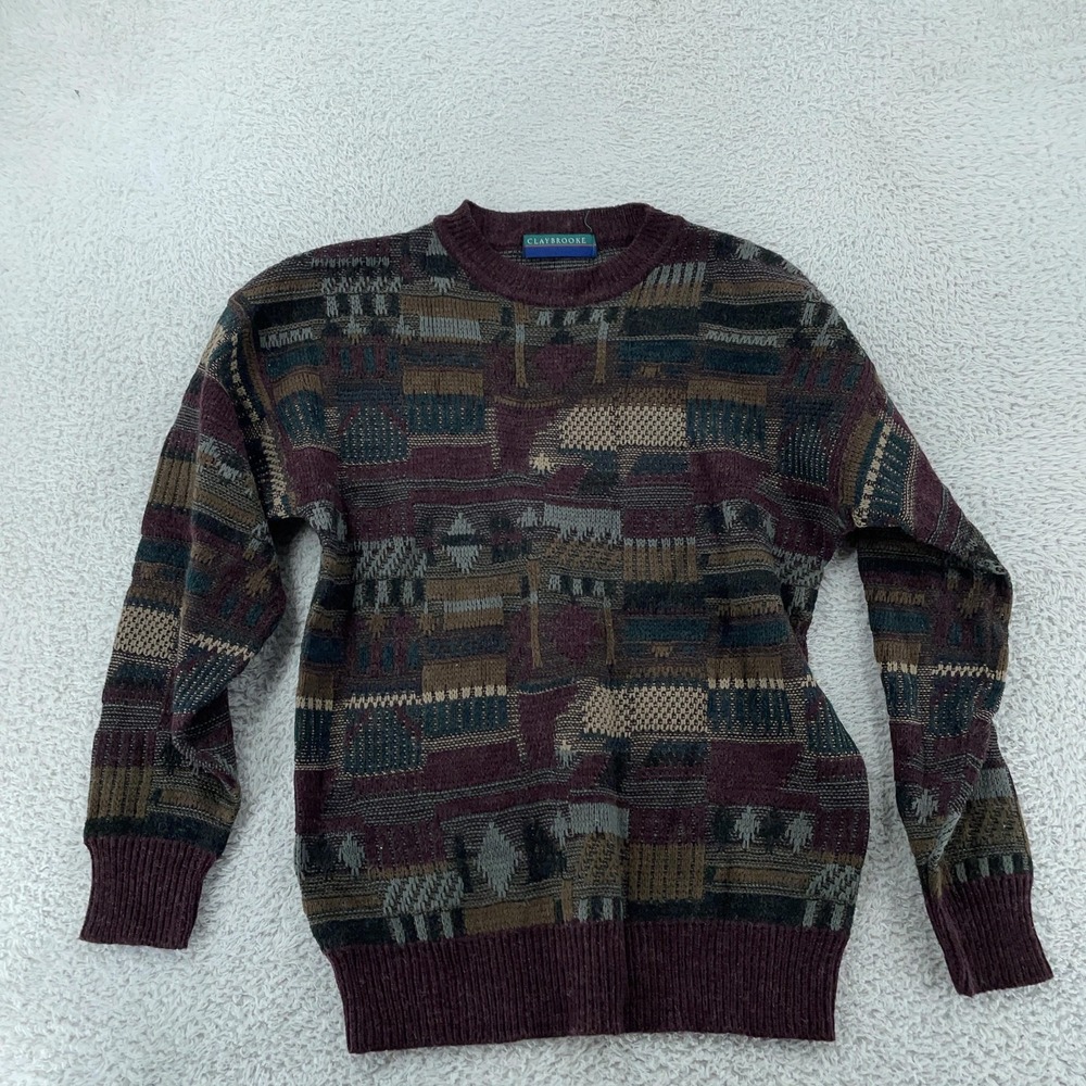 Claybrooke Sweater Mens Small Textured Knit Colorful Geometric Crewneck Pullover